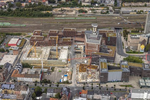 Aerial view, construction site and new construction of a residential complex at the Dortmund