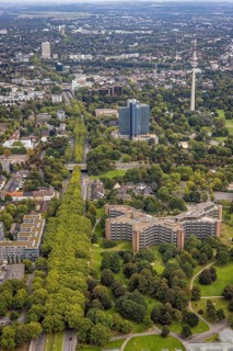 Aerial view, greened Rheinlanddamm with Signal Iduna headquarters, Westnetz GmbH building and