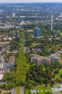 Aerial view, greened Rheinlanddamm with Signal Iduna headquarters, Westnetz GmbH building and