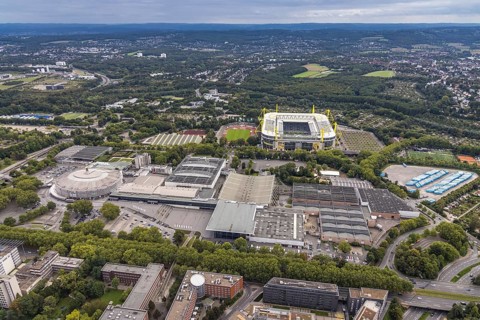 Aerial view, Signal Iduna Park Bundesliga stadium of BVB 09 and the Westfalenhallen in the Barop