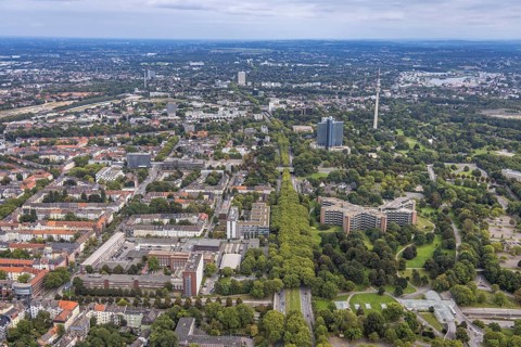 Aerial view, greened Rheinlanddamm B1 with Signal Iduna headquarters, Westnetz GmbH building and