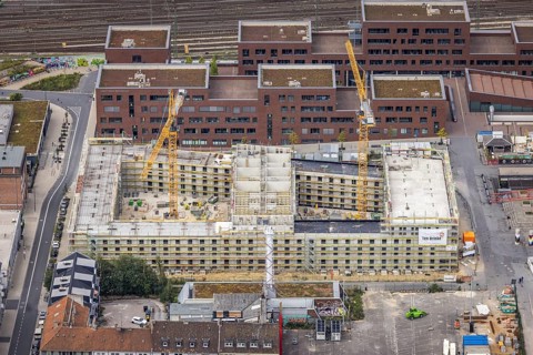 Aerial view, construction site and new construction of a residential complex at the Dortmund