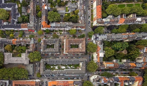 Aerial view, square residential complex in the Kreuzviertel in the Westfalenhalle district in