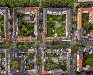 Aerial view, square residential complex in the Kreuzviertel in the Westfalenhalle district in