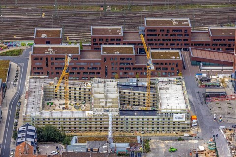 Aerial view, construction site and new construction of a residential complex at the Dortmund