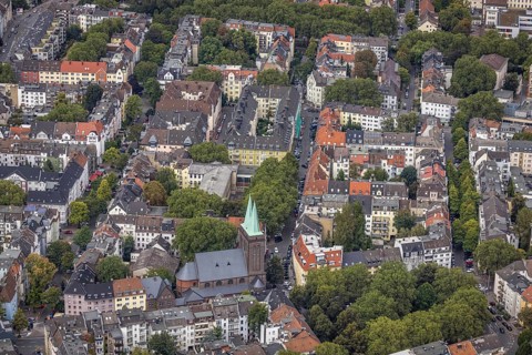Aerial view, Catholic Church of the Holy Cross Liebigstraße in the district Westfalenhalle in