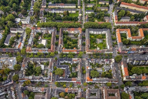 Aerial view, square residential complex in the Kreuzviertel in the Westfalenhalle district in