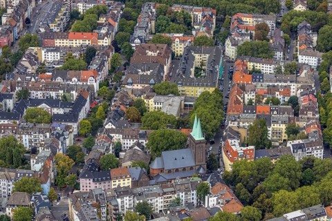 Aerial view, Catholic Church of the Holy Cross Liebigstraße in the district Westfalenhalle in