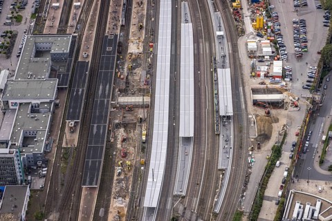 Aerial view, construction site at Dortmund Central Station in the City district of Dortmund, Ruhr