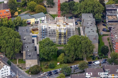 Aerial view, construction site with new building on Heiligegartenstraße in the Nordstadt district