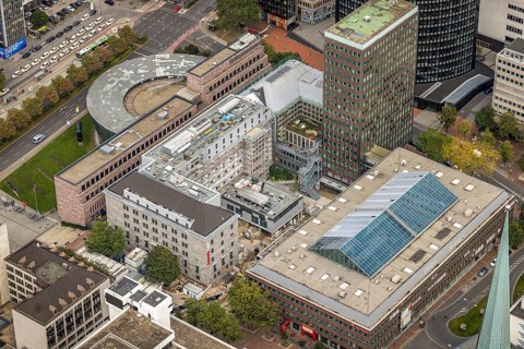 Aerial view, City and State Library Dortmund and construction work at the Sparkasse Dortmund in the