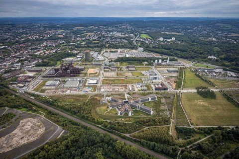 Aerial view, Phönix-West area with Hoesch Gasometer and Wilo Park in the district Hörde in