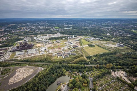 Aerial view, Phönix-West area with Hoesch Gasometer and Wilo Park in the district Hörde in