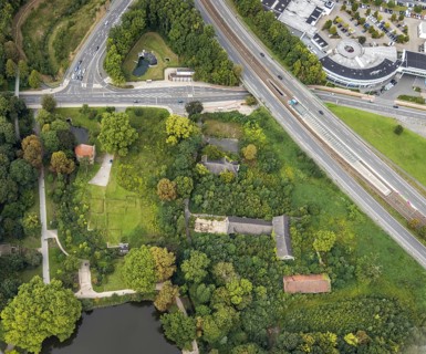 Aerial view, entrance with gatehouse at Rombergpark in the district Hörde in Dortmund, Ruhr area,