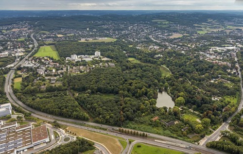 Aerial view, Rombergpark with lake in the district Hörde in Dortmund, Ruhr area, North