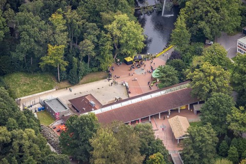 Aerial view, BVB 09 information stand and fans at the Flamingo Restaurant in Rombergpark in the