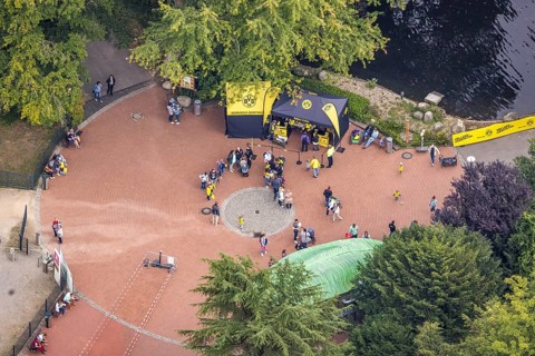 Aerial view, BVB 09 information stand and fans at the Flamingo Restaurant in Rombergpark in the