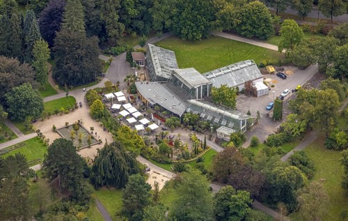 Aerial view, Café Orchidee in Rombergpark in the Brünninghausen district of Dortmund, Ruhr area,