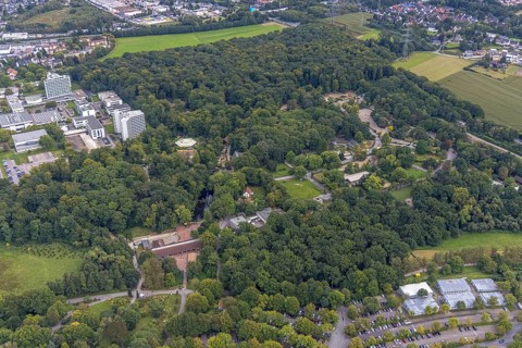 Aerial view, BVB 09 information stand and fans at the Flamingo Restaurant in Rombergpark in the