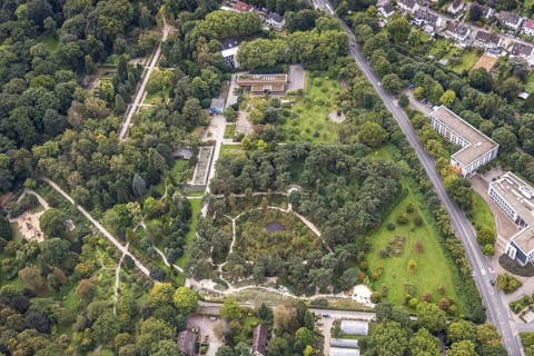 Aerial view, The moor heath landscape and the administration building in Rombergpark in the