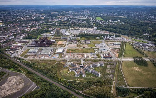 Aerial view, Phönix-West area with Hoesch Gasometer and Wilo Park in the district Hörde in