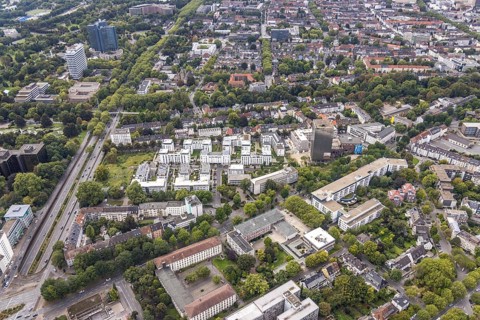 Aerial view, new office park at the Kronenburg on the site of the former Kronenbrauerei between