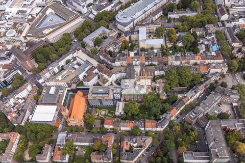 Aerial view, building site at St. Johannes Hospital and Church of Our Lady of the Holy Sepulchre in