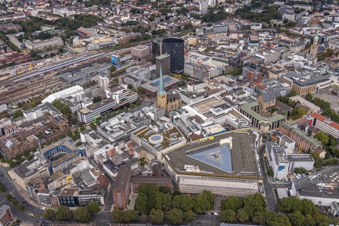 Aerial view, city centre with Thier Galerie, evangelic church St. Petri, central station Dortmund