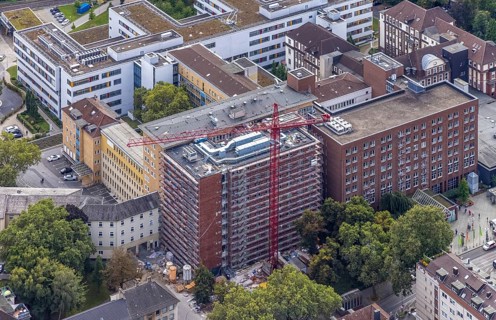 Aerial view, construction site at the Dortmund Clinic in the City district of Dortmund, Ruhr area,