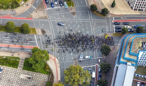 Aerial photo, BVB fans on their way to the BVB 09 football match in the City district of Dortmund,