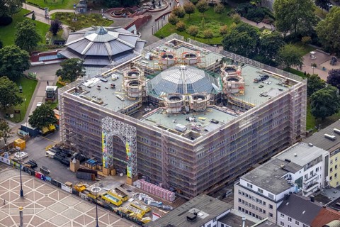 Aerial view, renovation works at the city hall of Dortmund in the district City in Dortmund, Ruhr