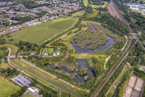 Aerial view, Dahlwiesenbach drainage ditch with overflow area east and west in the Alt-Scharnhorst