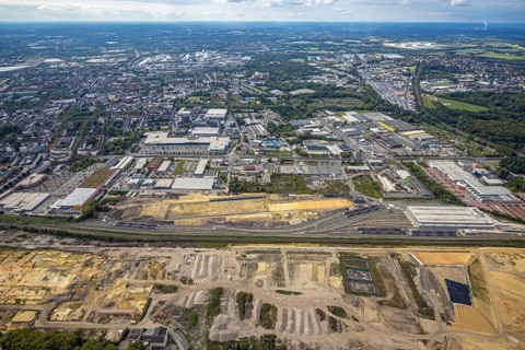 Aerial view, construction site at the old Westfalenhütte with Siemens Rail Service Centre in the