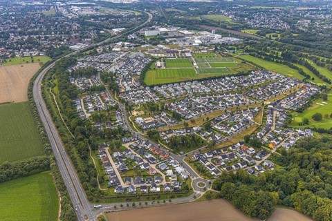 Aerial view, single-family house, housing estate Brackeler Feld and BVB Borussia Dortmund training