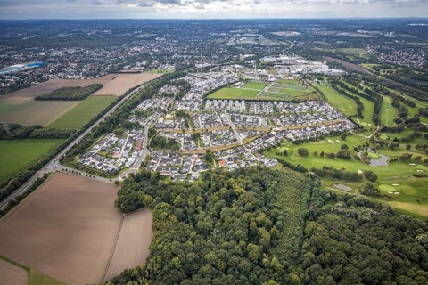 Aerial view, single-family house, housing estate Brackeler Feld and BVB Borussia Dortmund training