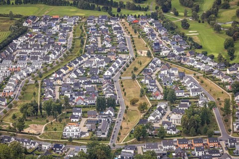 Aerial view, housing estate with tree avenue and air corridors between Theodor-Blank-Allee and