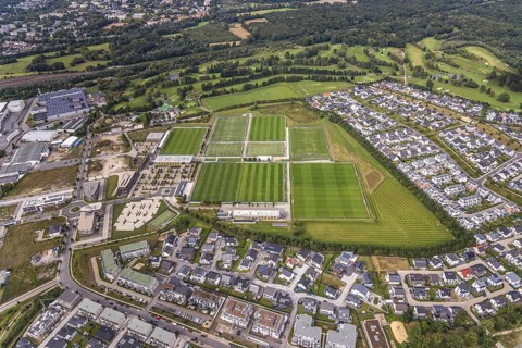 Aerial view, BVB Borussia Dortmund training ground with construction site in the district Brackel