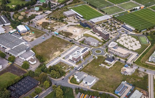 Aerial view, BVB Borussia Dortmund training ground with construction site in the district Brackel
