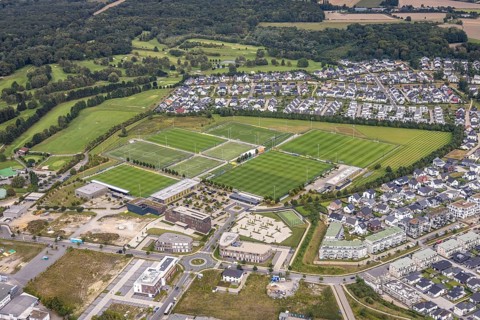 Aerial view, BVB Borussia Dortmund training ground with construction site in the district Brackel