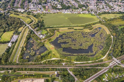 Aerial view, Dahlwiesenbach drainage ditch with overflow area east and west in the Alt-Scharnhorst
