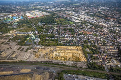 Aerial view, construction site at the old Westfalenhütte in the district Nordmarkt in Dortmund,