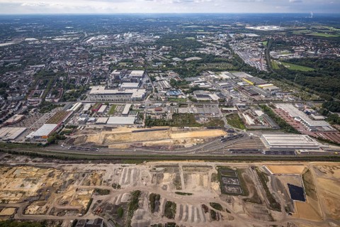Aerial view, construction site at the old Westfalenhütte with Siemens Rail Service Centre in the