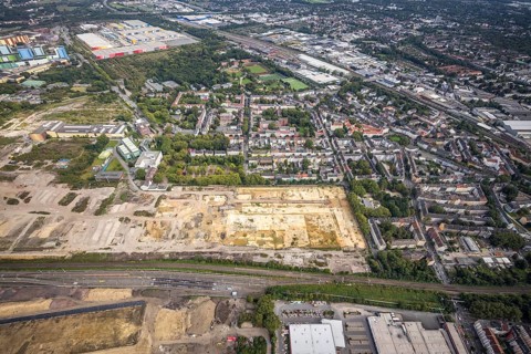Aerial view, construction site at the old Westfalenhütte in the district Nordmarkt in Dortmund,