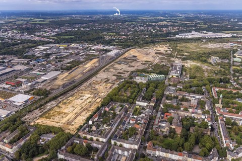 Aerial view, construction site at the old Westfalenhütte in the district Borsigplatz in Dortmund,