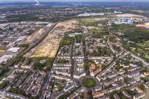 Aerial view, construction site at the old Westfalenhütte in the district Borsigplatz in Dortmund,