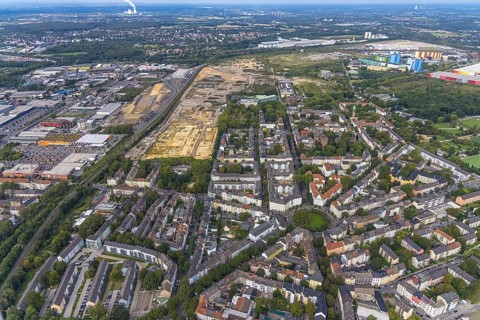 Aerial view, construction site at the old Westfalenhütte in the district Borsigplatz in Dortmund,