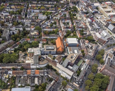 Aerial view, Church of Our Lady of the Holy Sepulchre on Amalienstrasse and building site at St.