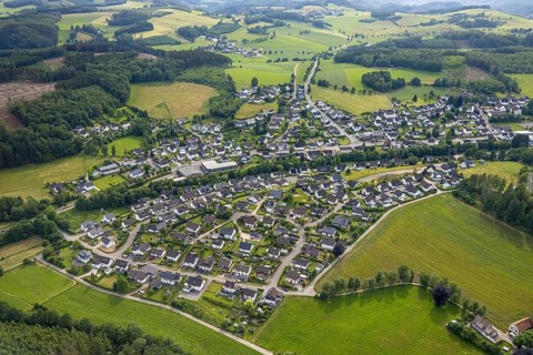 Aerial view, forest area with forest damage, local view Hützemert, Drolshagen, Sauerland, North