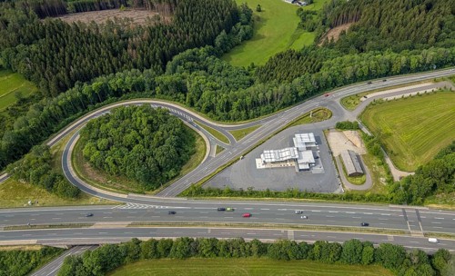 Aerial view, motorway junction Drolshagen, motorway A45 with petrol station and roundabout,