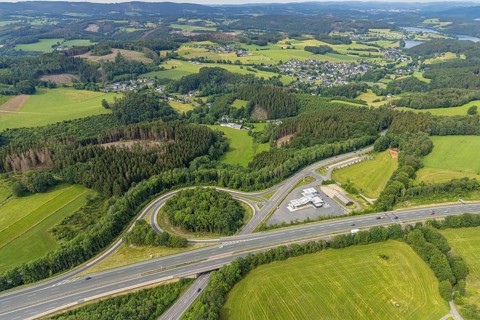 Aerial view, motorway junction Drolshagen, motorway A45 with petrol station and roundabout,